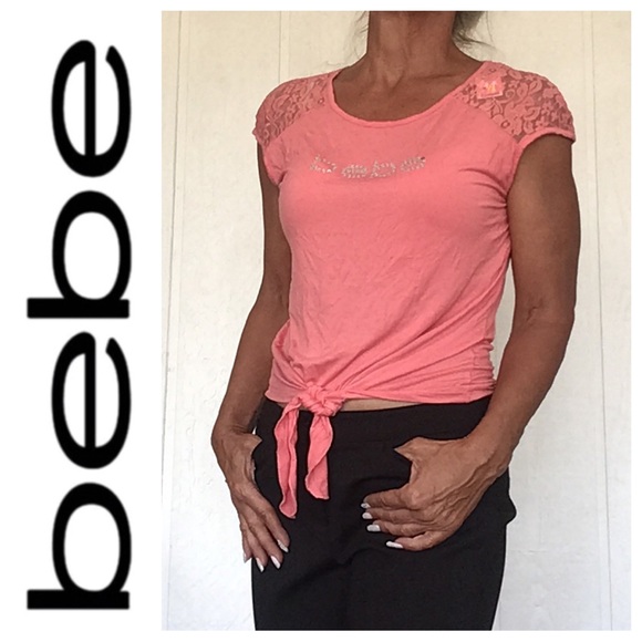 BEBE CRSYTAL LOGO TIE FRONT SHORT SLEEVE T SHIRT WOMENS MEDIUM - Picture 2 of 14